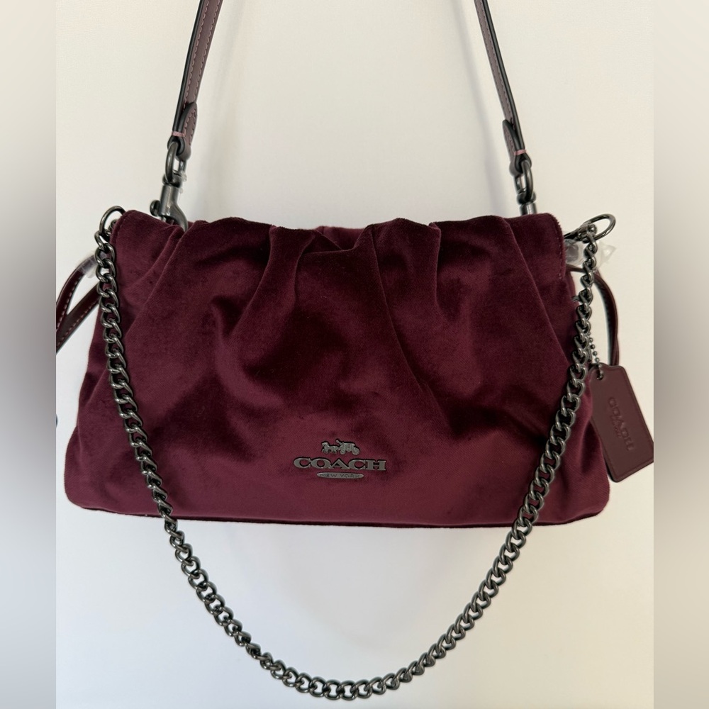 Coach Faye Shoulder&Crossbody Bag velvet Gunmetal/Burgundy CCE40 NWT styled set